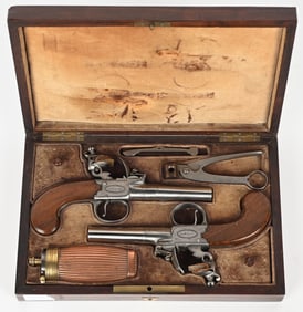 FINE CASED PAIR LONDON MARKED FLINTLOCK PISTOLS
