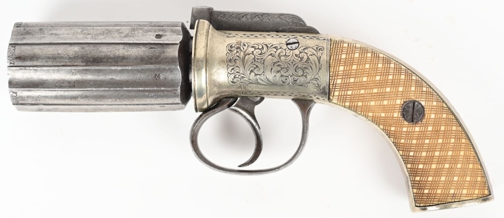 ENGRAVED ENGLISH PEPERBOX WITH IVORY GRIPS: SERIAL NUMBER: NSN. BARREL: 3". CALIBER: .36 PERCUSSION. MANUFACTURED: CIRCA 1830S. Bar hammer design, with "CALVERT LEEDS" marked in script on the back strap. Beautiful scroll engraved frame, trigger