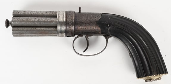 ANTIQUE ENGRAVED BELGIAN SIX SHOT PEPPERBOX