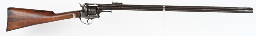 ANTIQUE FRENCH PINFIRE REVOLVING RIFLE: SERIAL NUMBER NSN BARREL 26 3/8" CALIBER .44. French pinfire revolving rifle marked "Chaineux" on left flat of barrel. Feature 26 3/*" octagon barrel with top ridge. Blade front sight with elevated lo