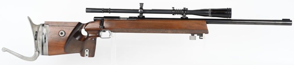 ANSCHUTZ MODEL 54 MATCH BOLT ACTION RIFLE .22LR: SERIAL NUMBER: 121059. BARREL: 27-1/4". CALIBER: .22LR. MANUFACTURED: 1974. Made in West Germany. Matching bolt. Heavy match barrel with scope blocks and front sight block as well (no iron sights). Gr
