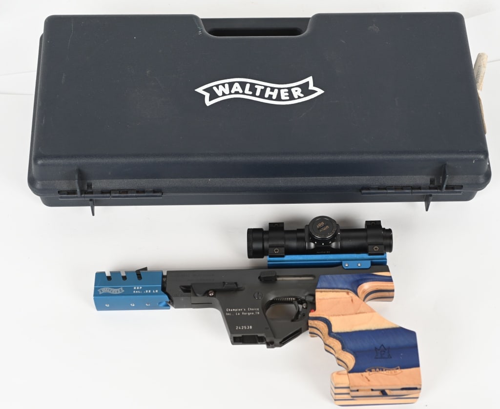WALTHER GSP EXPERT SEMI AUTO PISTOL WITH SCOPE: SERIAL NUMBER: 242538. BARREL: 4-1/2". CALIBER: .22LR. MANUFACTURED: 2004. Made in Germany, for the rapid fired sport shooting competition, and imported by Champion's Choice. Adjustable trigger. Blade