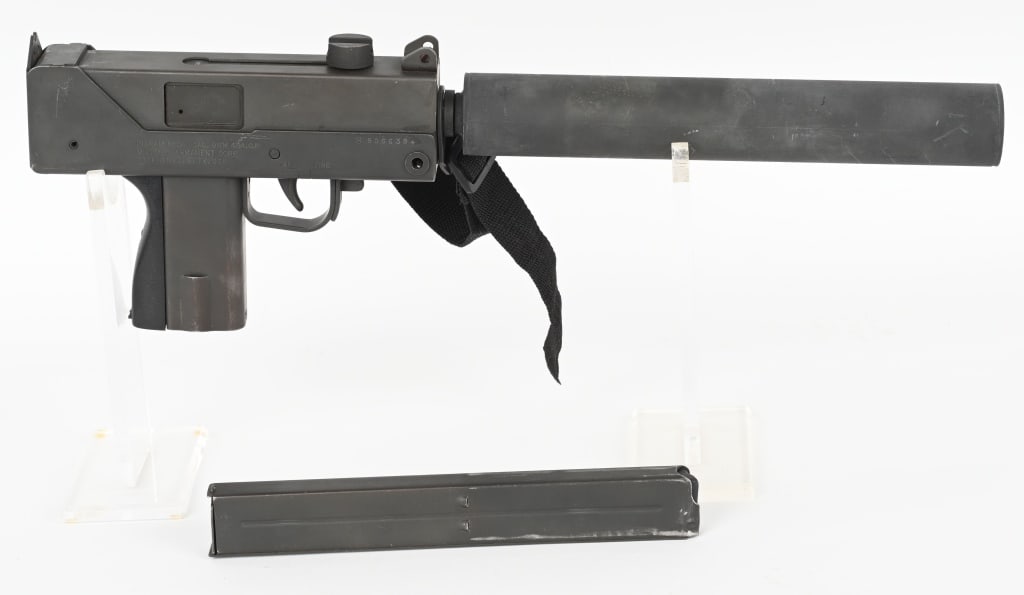 MILITARY ARMAMENT CORP. M10A1 PISTOL 9MM: SERIAL NUMBER: S9066394. BARREL: 6". CALIBER: 9MM. MANUFACTURED: 1980S. Texas made, semi auto version of the famous M10 pistol. Fabricated post front sight and stamped u-notch rear. Factory gray phosp