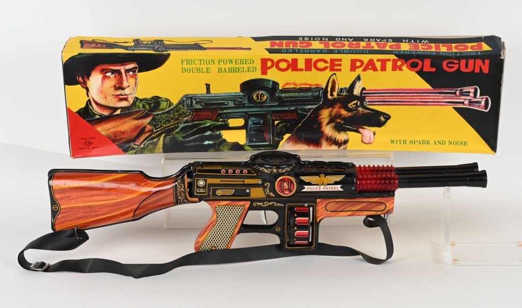 JAPAN TIN FRICTION POLICE PATROL GUN w/ BOX: All original in great shape. Works. Boxed 23" Excellent
