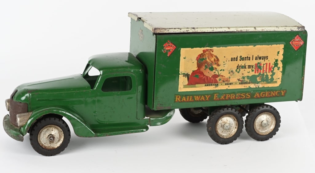 BUDDY L PRESSED STEEL RAILWAY EXPRESS TRUCK: Buddy L pressed steel Railway Express Agency Ice Cream Truck. All original and complete. Has decent paint and decals. 22 1/4" Excellent