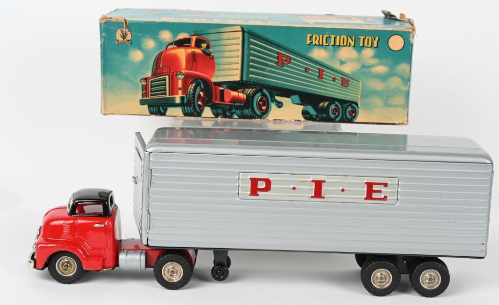 JAPAN TIN FRICTION PIE SEMI TRUCK & TRAILER w/BOX: All original and complete. Manufactured by SSS. Great condition with minor wear where pieces go together. Friction works. Boxed