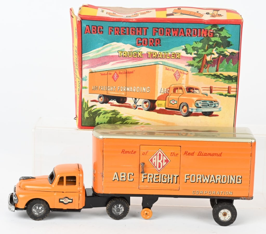 JAPAN TIN FRICTION ABC FREIGHT FORWARDING TRUCK: All original never played with. Friction works. Boxed 11" Excellent