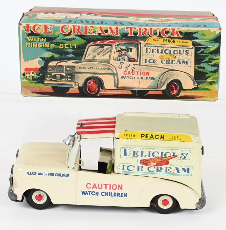 JAPAN TIN FRICTION DELICIOUS ICE CREAM TRUCK: All original and never played with. Friction works. Boxed 7 1/2" Excellent
