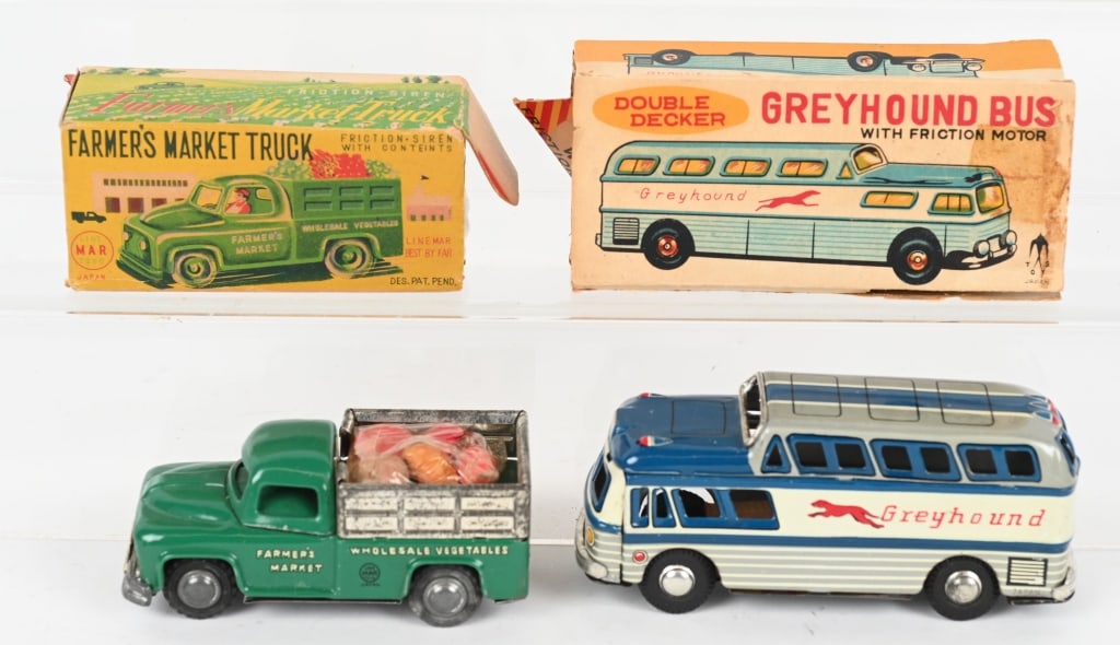 JAPAN TIN FRICTION GREYHOUND BUS & FARMERS TRUCK (1 of 3)