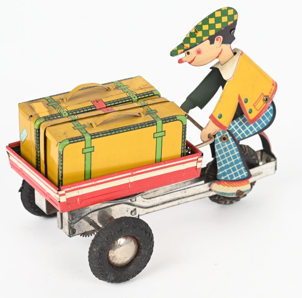 ITALY TIN WINDUP PORTER CART w/ BAGGAGE (1 of 4)