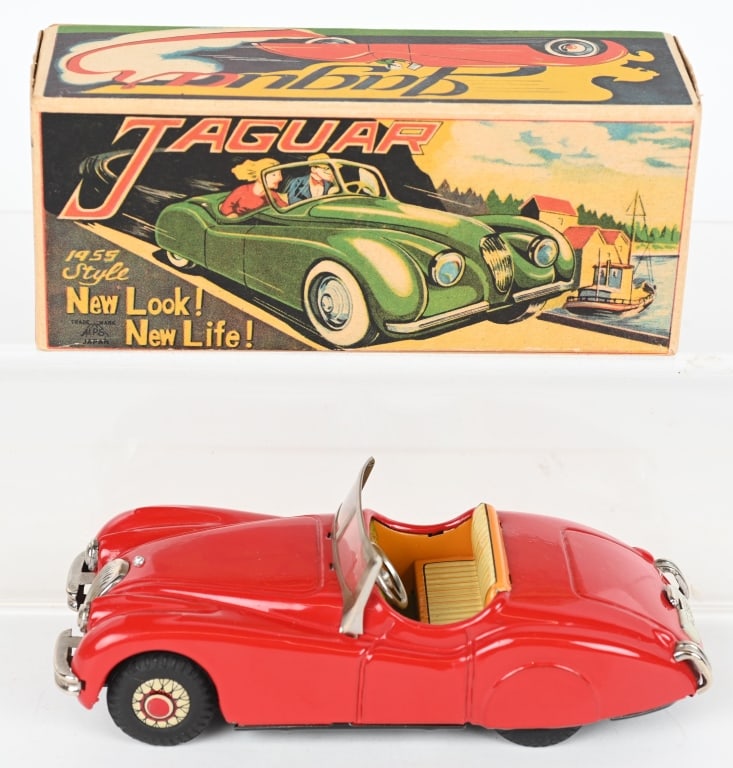 JAPAN TIN JAGUAR XK w/ BOX: All original in great condition. Friction works. With Box. 6 1/2" Excellent