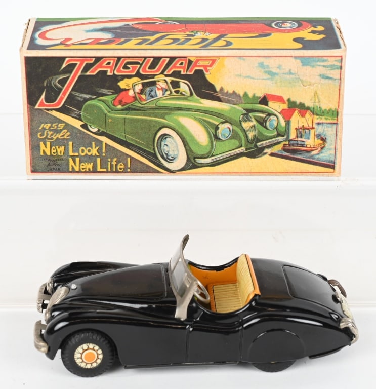 JAPAN TIN JAGUAR XK w/ BOX: All original in great condition. Friction works. With Box. 6 1/2" Excellent