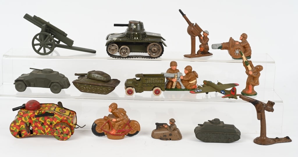 LOT OF MILITARY TOYS: Includes Gama Tank, Marx Tank, Sawdust Soldiers, Cast iron Bell Truck, Tanks, and More. Most in great shape. Largest 5" AS-IS