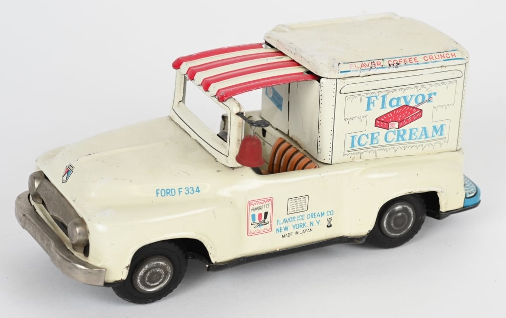 JAPAN TIN FRICTION FLAVOR ICE CREAM TRUCK: All original in great shape. Has nice colors. friction works. 7 1/2" Excellent