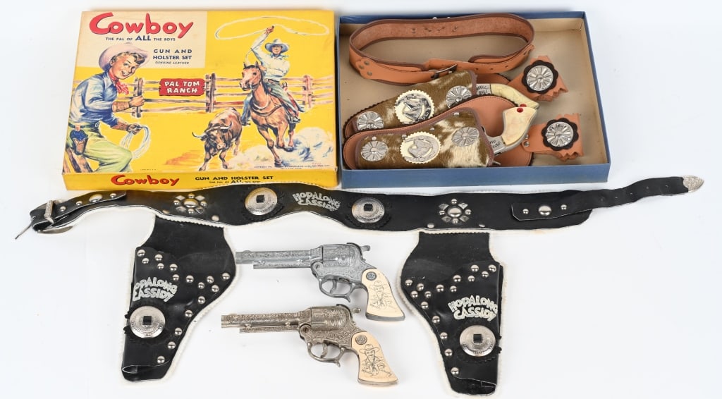 HOPALONG CASSIDY & BUFFALO BILL CAP GUN SETS: Includes Buffalo Bill Cap Gun Set with Holster in Box. Plus Hopalong Cassidy Cap Gun Set in Holster. All in great working condition. Excellent