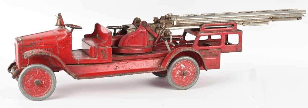 BUDDY L PRESSED STEEL AERIAL LADDER TRUCK: Nice early Buddy L. All original with decent paint and decals. 29" Very Good