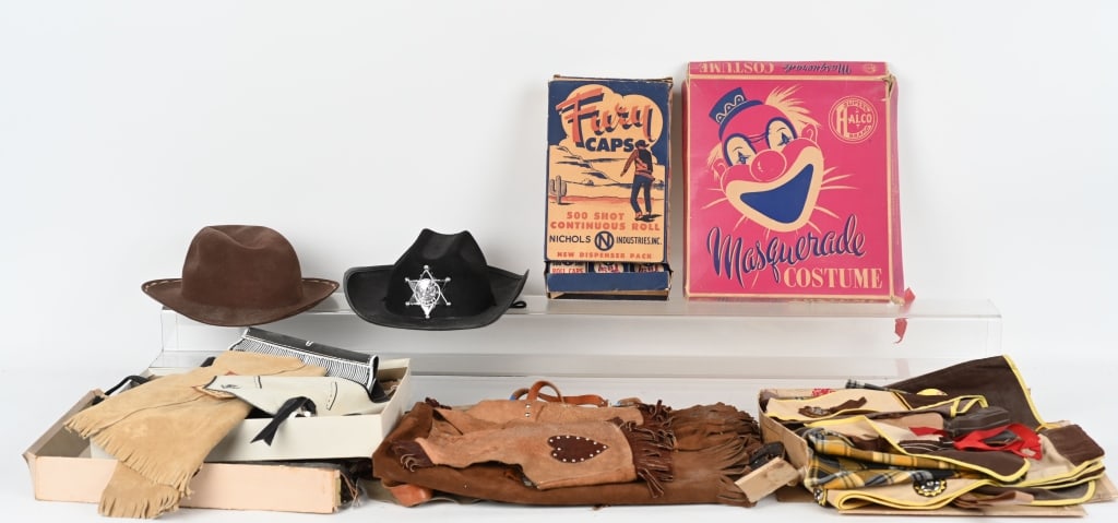 COWBOY OUTFITS, CAPS, GUNS, & MORE: Nice lot of Cowboy Outfits, Caps in Box, Guns, and More. AS-IS