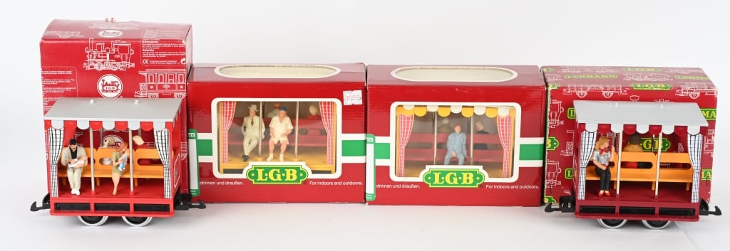 4- LGB SIGHTSEEING CARS MIB: Includes #3041, #31410, #30410, and #31440 Sightseeing Cars. All never played with. Have accessory people. Boxed