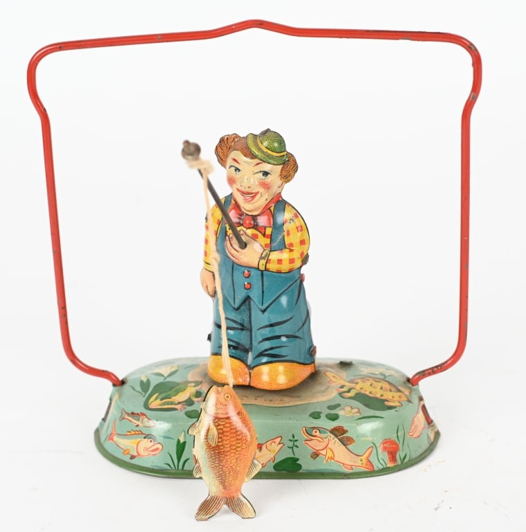 US ZONE GERMANY TIN WINDUP BOY FISHING: All original with nice colors. Works. 6" Excellent