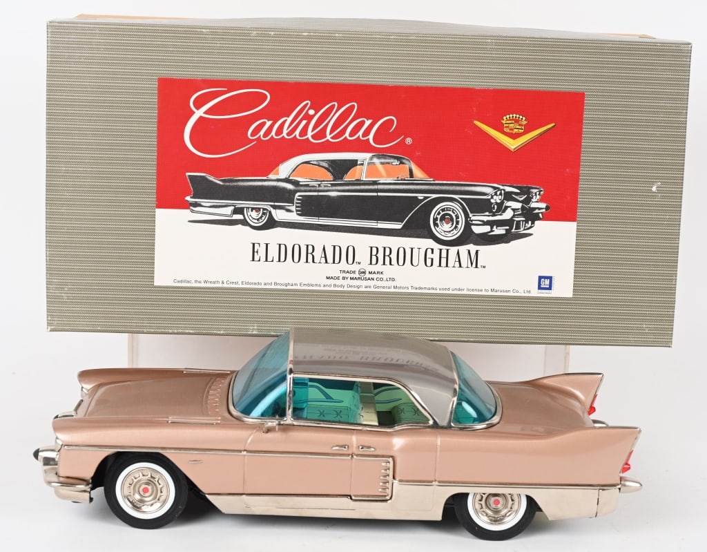 MARUSAN USA Tin Friction CADILLAC ELDORADO w/ BOX: Excellent tin friction Limited Edition1957 Cadillac Eldorado Brougham. Never played with condition. Boxed. 16" Excellent