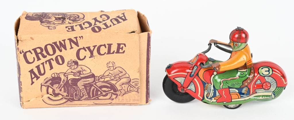 JAPAN TIN FRICTION CROWN MOTORCYCLE w/ BOX: All original in great shape. Friction works. Boxed 3 1/2" Excellent