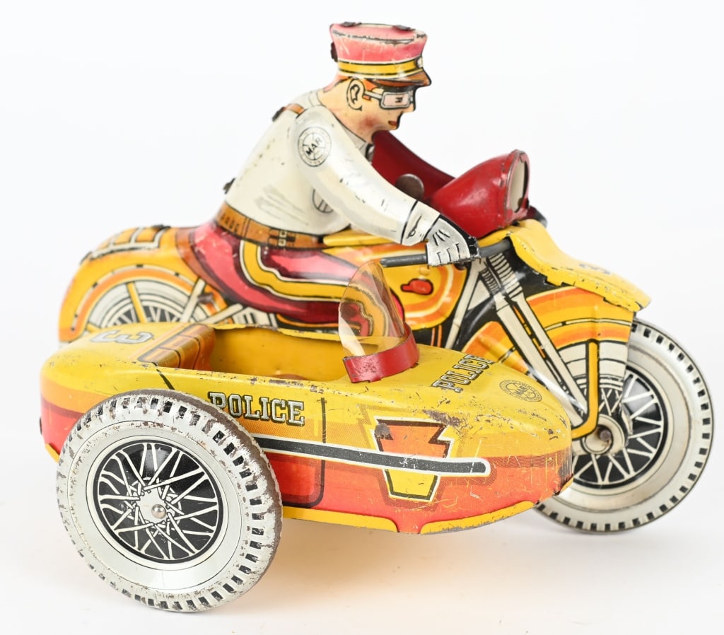 MARX TIN WINDUP SIREN MOTORYCLE w/ SIDECAR (1 of 4)