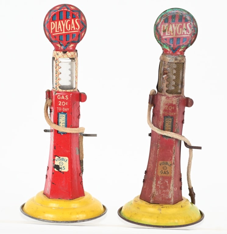 2- PLAYGAS TIN GAS PUMPS: Both all original with some loss. 7 1/2" Very Good