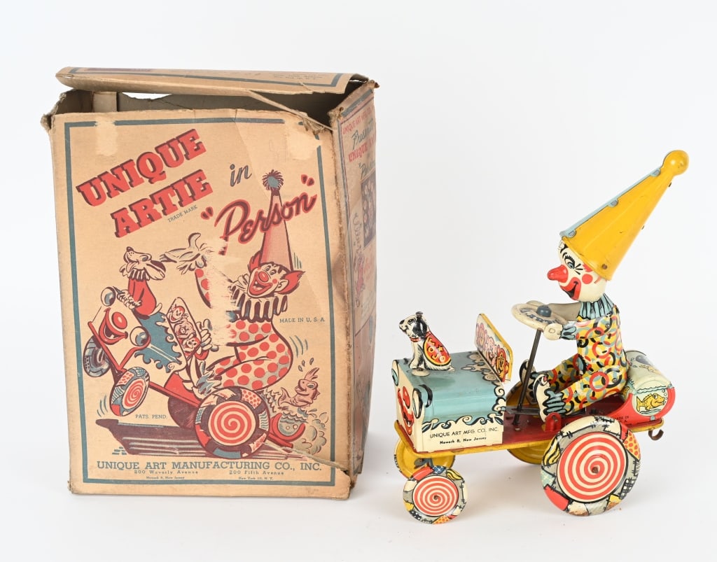 UNIQUE ART TIN WINDUP ARTIE THE CLOWN CAR w/ BOX (1 of 6)