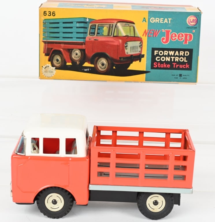 BANDAI TIN FRICTION JEEP STAKE TRUCK w/ BOX: Never played with condition. Friction works. Boxed 9" Excellent
