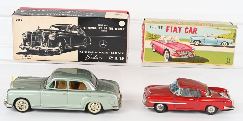 JAPAN TIN FRICTION FIAT & MERCEDES BENZ w/ BOXES: Includes Mercedes Benz 219 Sedan and Fiat. Both in great condition. Frictions works. Boxed. largest 8" Excellent
