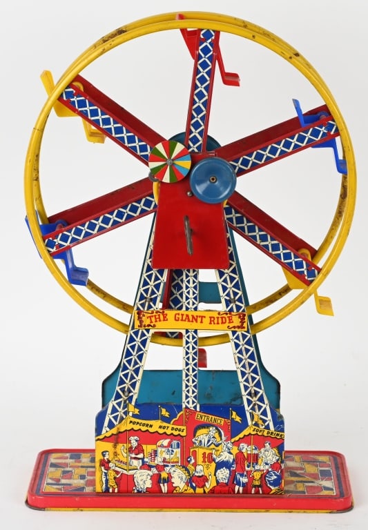 OHIO ART TIN WINDUP FERRIS WHEEL: All original with nice colors. Works. 16" Very Good-Excellent