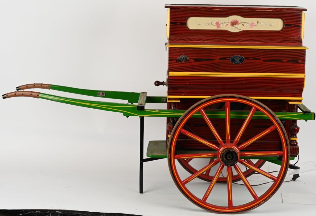 VICENTE LLINARES FAVENTIA HURDY GURDY w/ CART: Wonderful Vicente Llinares Faventia "Musical Miniatures" Hurdy Gurdy Barrel Organ. Beautiful piece made in the 1950s in Spain. Has a music roll that plays 6 different tunes including Santa Lucia, Oh M