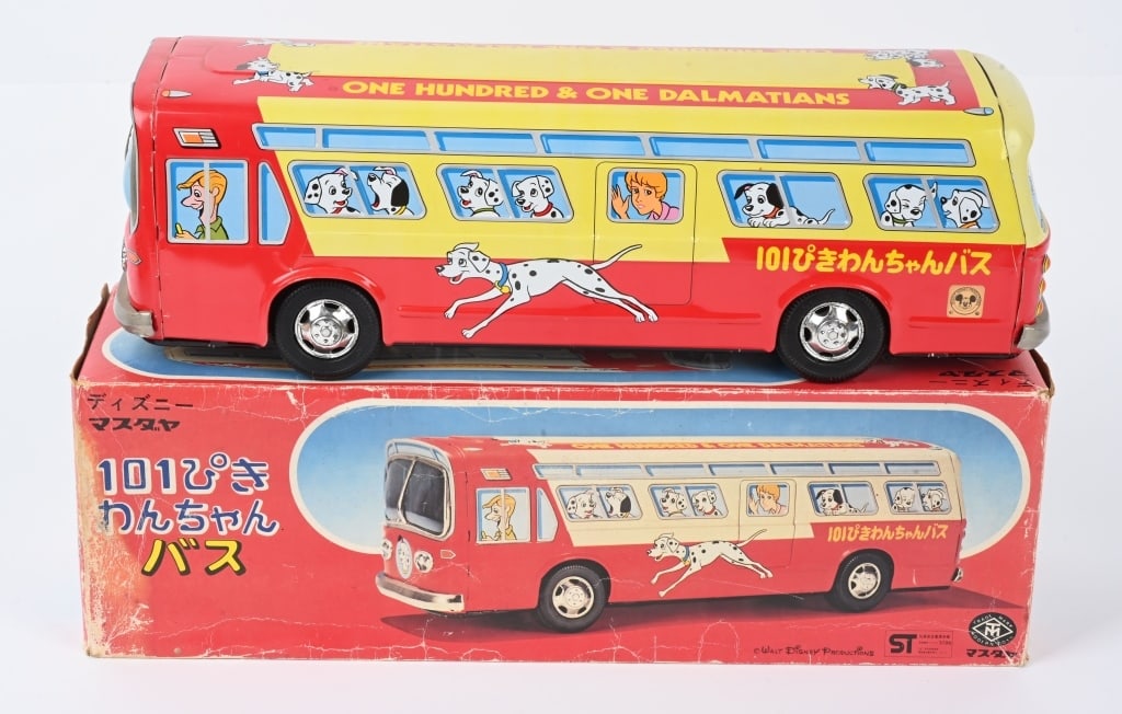 JAPAN ONE HUNDRED & ONE DALMATIANS BUS w/ BOX: Japan tin friction One Hundred and One Dalmatians Bus. Looks never played with condition. Great Dalmatians graphics and Mickey Mouse Sticker. Friction works. With colorful Box. 16" Excellent