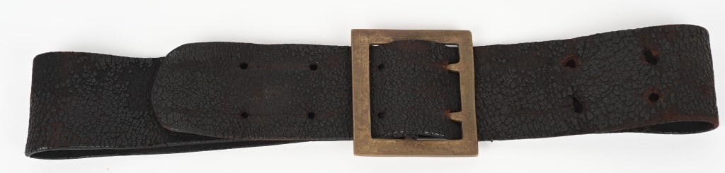 CONFEDERATE ACCOUTREMENT BELT & BUCKLE: Rare Confederate Enlisted Waist Belt that is adjustable with a large, brass frame open claw buckle. Rare to still have the original leather belt.