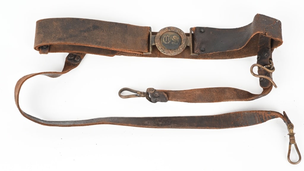 CIVIL WAR CONFEDERATE OFFICERS SCRIPT BELT BUCKLE: (Script) Confederate States Two Piece Belt & Buckle. The early CS Script 2 piece buckle is in excellent condition. and is attached to a period leather belt with a two piece sword hanger. The leather b
