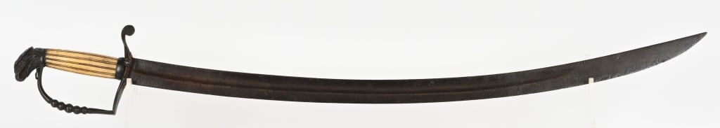 FINE 5 BALL EAGLE HEAD ARTILLERY OFFICERS SWORD: Fine fluted bone handled 5 ball Eagle Head sword. Broad 28" blade. Gilded brass Eagle head pommel with knot ring and 5 ball guard with leather washer. Handle is very fine.