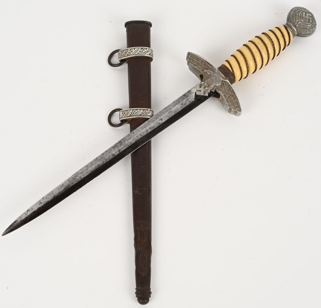WWII NAZI GERMAN LUFTWAFFE DAGGER BY ASSO WW2: Roughly 29cm long, bright, nickel/silver plated, double edged, drop forged steel, stiletto style blade with a flat central plane. Maker marked to "ASSO – A. Schüttelhöfer & Co. Solinge