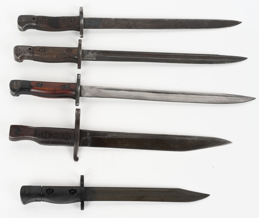 BRITISH INDIA CANADIAN BAYONET LOT: Lot of Bayonets to include 1) India P1907 MKI Sword Bayonet with no scabbard blade marked Wilkinson 2) India P1907 MKII Sword Bayonet with no scabbard blade 3) WW1 Canadian Ross MKII Sword Bayone