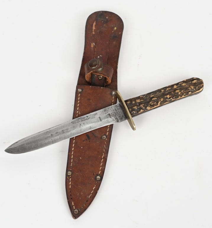 BRITISH SIDE KNIFE BY JOSEPH ALLEN & SONS SCABBARD: British made side knife by Joseph Allen & Sons of Sheffield England with leather scabbard. Blade shows wear and sharpening