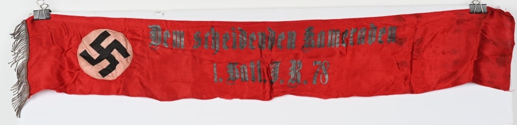 WWII NAZI INFANTRY REGT. 78 FUNERAL SASH WW2: Red silken funeral sash with silver fringe measures 42" inches in length and 6" inches in width. Has white disk with black swastika on one side with Dem scheidenden kameraden I. Batl. J.R.78. or To th