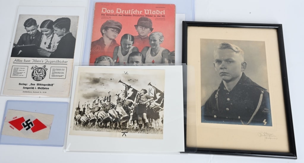 WWII NAZI GERMAN HITLER YOUTH LOT PATCH PHOTOS WW2: WWII Nazi German Hitler Youth lot to include 1) Hitler Youth Clothing Diamond. A standard pattern HJ diamond insignia for wear on a wide variety of clothing. Roughly 100mm tall by 55mm wide, machine w