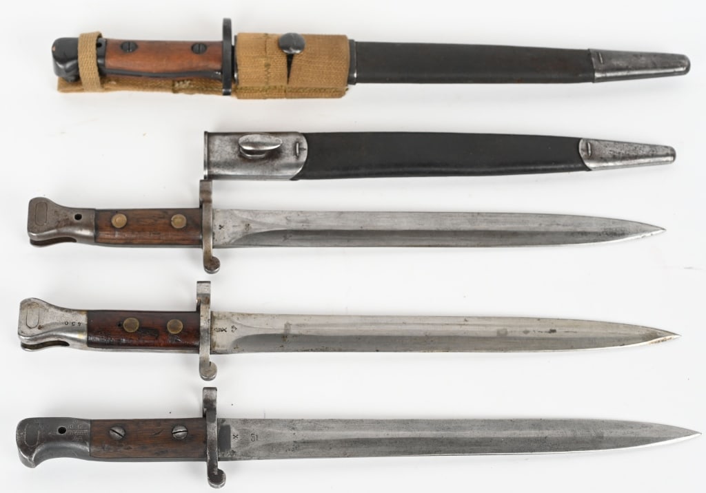 WWII BRITISH BAYONET LOT P1903 P1888 P1907 WWI: Lot of British bayonets to include 1) India P1907 MKII Sword Bayonet marked NWR 43 North West Railways 1943 with Scabbard 2) British P1888 MKII Sword Bayonet with Oil Hole in Pommel with scabbard 3) B