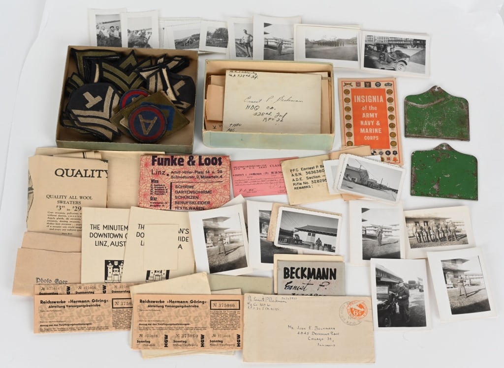 WWII US ARMY 26TH DIVISION INSIGNIA PHOTOS PATCHES: Lot of named items from a member of the 328th Infantry Regiment of the 26th Division. Items to include ephemera and Photos, Patches including Shoulder Sleeve Insignia and Rank Chevrons. 