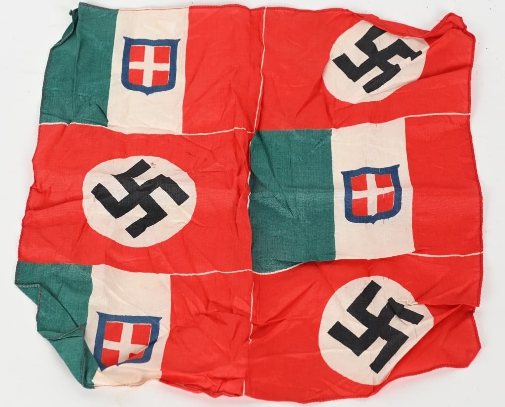 WWII NAZI GERMAN ITALIAN POLITICAL PARADE BANNER: Very attractive Italian/German friendship banner, looks to be Italian made. One piece silk construction. Italian flags and German national flags being side by side. Approximately 13 x 12 1/2. Scarce.