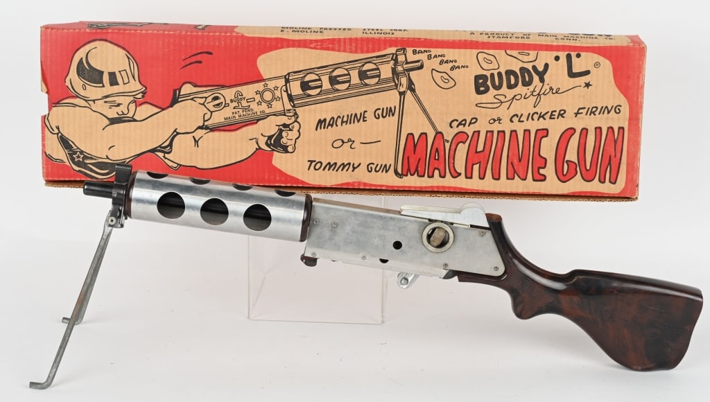 BUDDY L SPITFIRE MACHINE GUN w/ BOX: Scarce Buddy L Machine Gun. All original and in great condition. With Box 25" Excellent