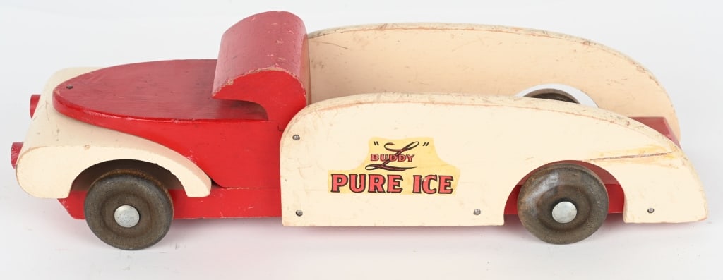 BUDDY L WOODEN PURE ICE TRUCK: All original with nice paint and decals. Has tight crack in bed that doesn't take from the truck. 16" Excellent
