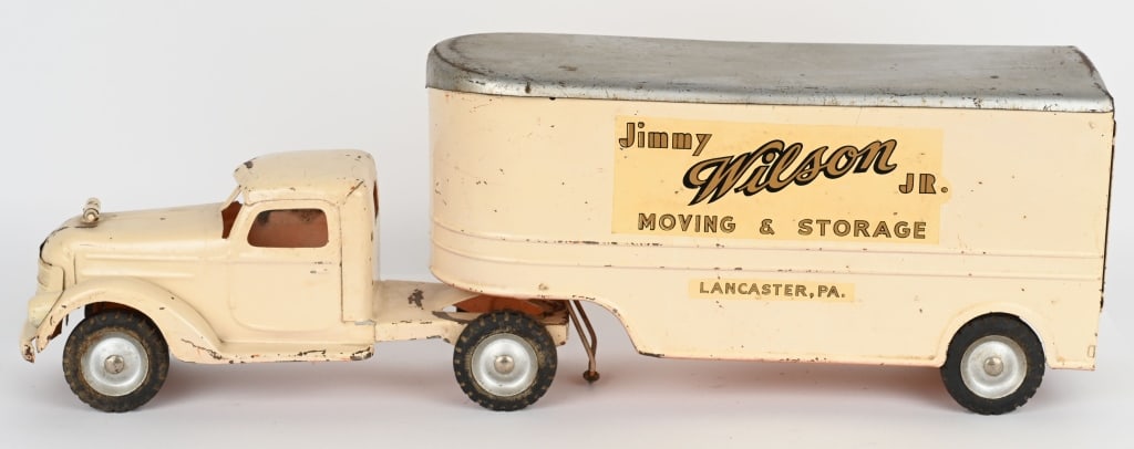 BUDDY L JIMMY WILSON MOVING & STORAGE TRUCK: Great period Private Label Buddy L. Truck is period repainted and lettered. Very well done. They also removed the pull handle. A very unique Buddy L. 30" Excellent