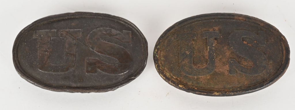 CIVIL WAR PUPPY PAW US BELT PLATE LOT OF 2: Lot of two, early US belt plates or buckles. Brass lead filled US belt plates is in excellent excavated condition as found with beautiful uncleaned patina. This US belt plate artifacts have the early 
