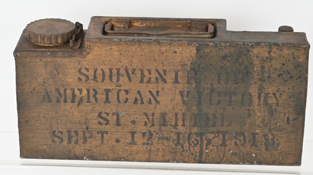 WWI MAXIM MACHINE GUN WATER CAN CAPTURED WW1: This is a fantastic water can as used on the Water Cooled Maxim Machine Gun. While the can is of German origin, it was captured by the Americans, as identified by the stenciled information present on 