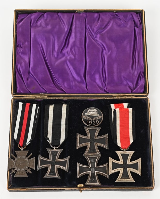 WW1 IMPERIAL & WWII NAZI GERMAN CASED MEDAL SET: WW1 & WWII Veterans set of cased medals to include 1) WWI IMPERIAL GERMAN IRON CROSS 1ST CLASS 1914 WW1. 1914 pattern die struck three piece iron and alloy construction Patté style cross wit